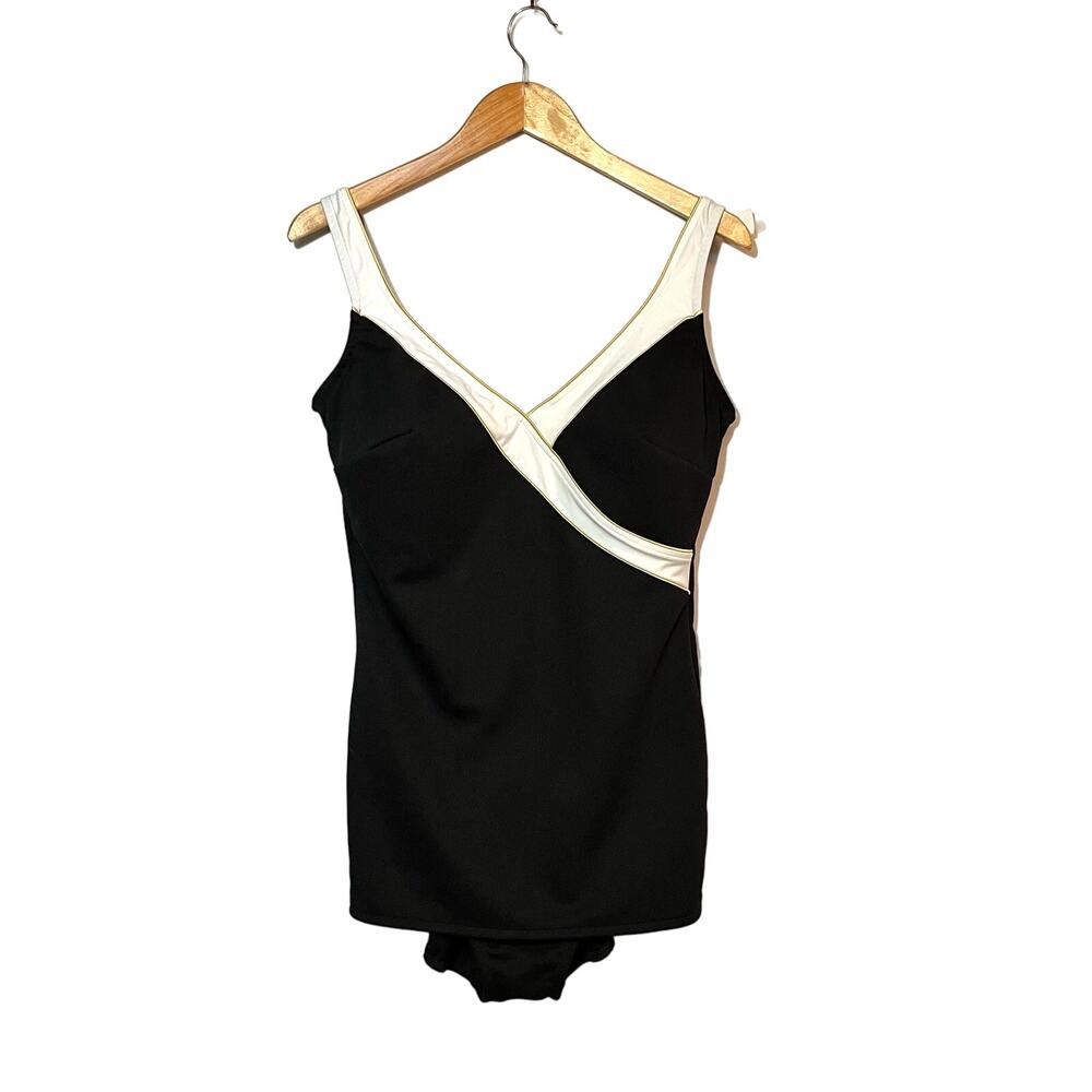 Vintage Longitude Swimsuit Size 14 One Piece Modest Black White Gold